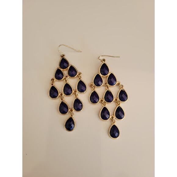 Blue Chandelier Earrings‎ Gold Tone Setting Teardrop Faceted Acrylic Stones - Picture 1 of 5